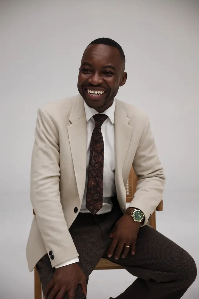 A client photographed in a StoryRocket studio session.